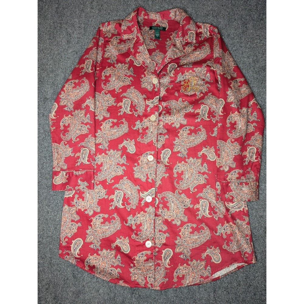 Lauren Ralph Lauren Red Paisley Cotton Sleep Shirt Monogram Logo Medium